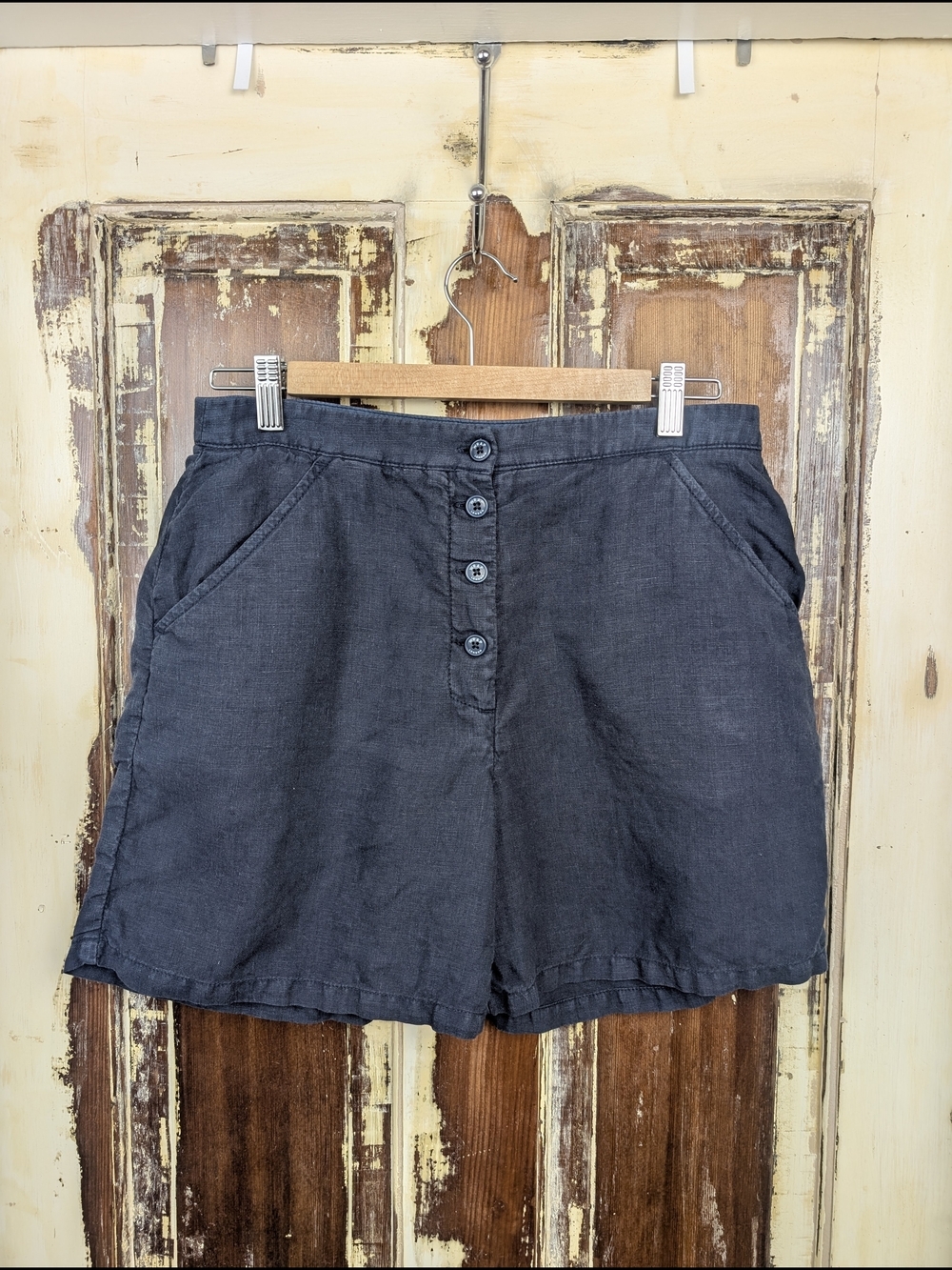 Wrap London 100% Linen Navy Button Fly Shorts Size 6 Coastal Minimalist
